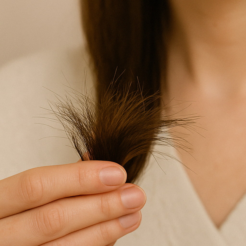Nahaufnahme von braunem Haar mit Haarbruch