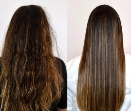 Ein vorher-nachher-Bild einer dauerhaften Haargättung, auf dem das Haar links kraus ist und rechts glatt und glänzend