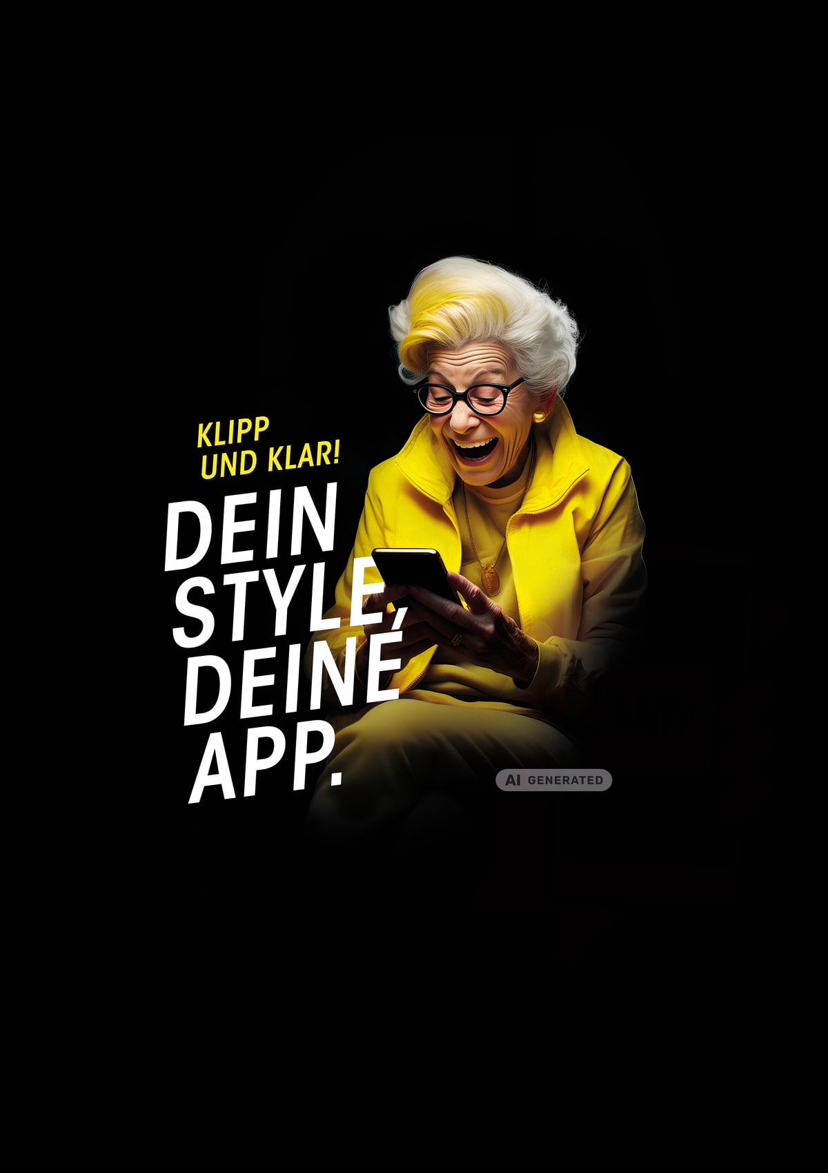 KLIPP Bonusclub App Lachende ältere Person die ins Handy blickt KI generiert